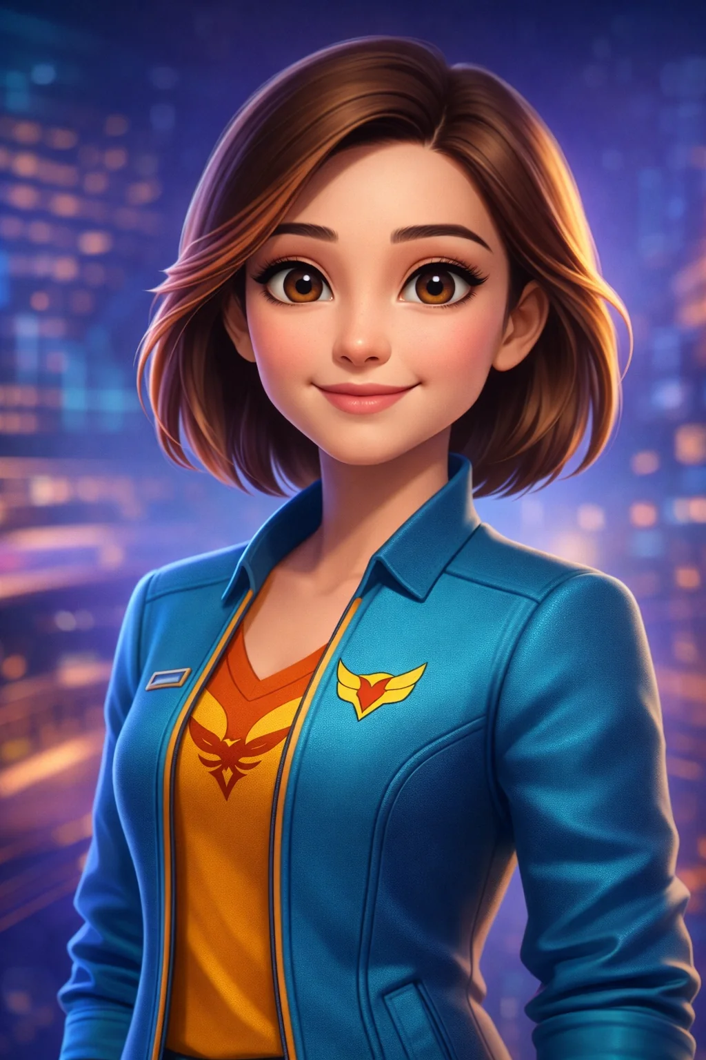 Fê, personagem oficial da Fênix Trânsito, com blazer azul e camiseta laranja